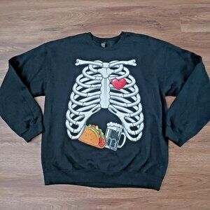 Halloween Skeleton Rib Cage Taco Beer Heart Gildan Sweatshirt Size Large
